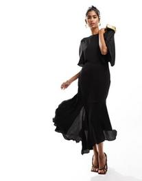 Προσφορά ASOS DESIGN satin flutter sleeve asymmetric hem midi dress in black για 24€ σε Asos