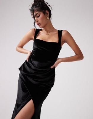 Προσφορά ASOS DESIGN velvet plunge square neck midi dress with draped skirt in black για 16€ σε Asos