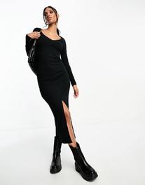 Προσφορά ASOS DESIGN v neck long sleeve ribbed midi dress with front split detail in black για 11,25€ σε Asos