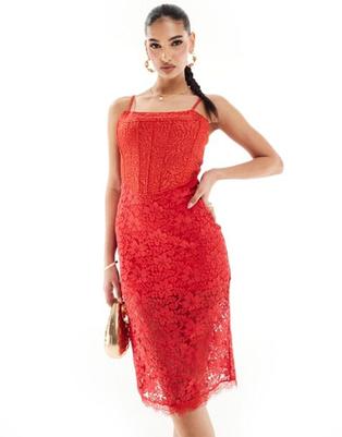Προσφορά Rare London strappy corset lace midi dress in red για 65€ σε Asos