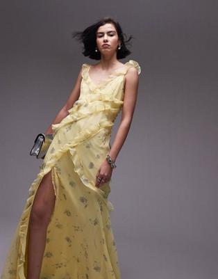 Προσφορά Topshop ruffle midi slip dress in yellow print για 65€ σε Asos