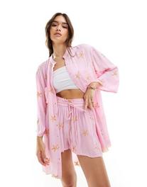 Προσφορά South Beach embroidered crinkle long sleeve beach shirt in pink για 38€ σε Asos