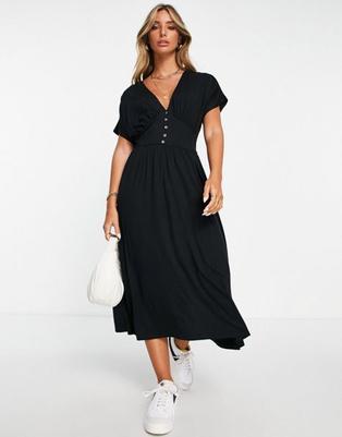 Προσφορά ASOS DESIGN waisted midi tea dress with buttons in black για 28€ σε Asos