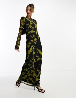 Προσφορά ASOS DESIGN low back floral mesh maxi dress with angel sleeves in green and black print για 32€ σε Asos