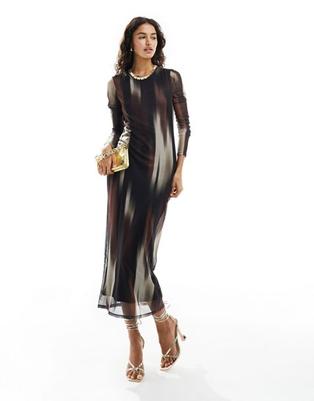 Προσφορά New Look printed mesh midi dress in brown για 29,99€ σε Asos