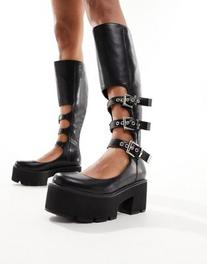 Προσφορά Lamoda Lift Up chunky knee boots with cut out buckle detail in black για 78€ σε Asos