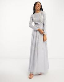 Προσφορά ASOS DESIGN Bridesmaid pearl embellished long sleeve maxi dress with floral embroidery in light blue για 149€ σε Asos