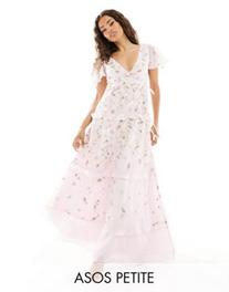 Προσφορά ASOS DESIGN Petite Bridesmaid flutter sleeve embellished wrap maxi dress with embroidery in light pink για 169€ σε Asos