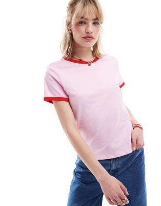 Προσφορά Monki short sleeve t-shirt in pink with red trim για 10€ σε Asos