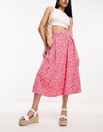 Προσφορά Monki button through midi skirt in pink ditsy floral print για 21€ σε Asos