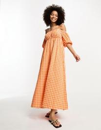 Προσφορά ASOS DESIGN off shoulder cotton maxi dress with ruched bust detail in pink and orange gingham για 23,5€ σε Asos