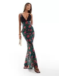 Προσφορά Aria Cove lace trim strappy low back maxi dress in black rose print για 63€ σε Asos