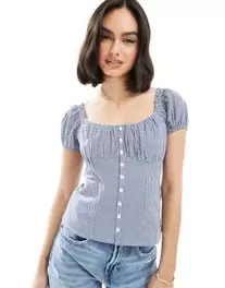 Προσφορά Hollister slim button through puff sleeve top in blue για 27,95€ σε Asos